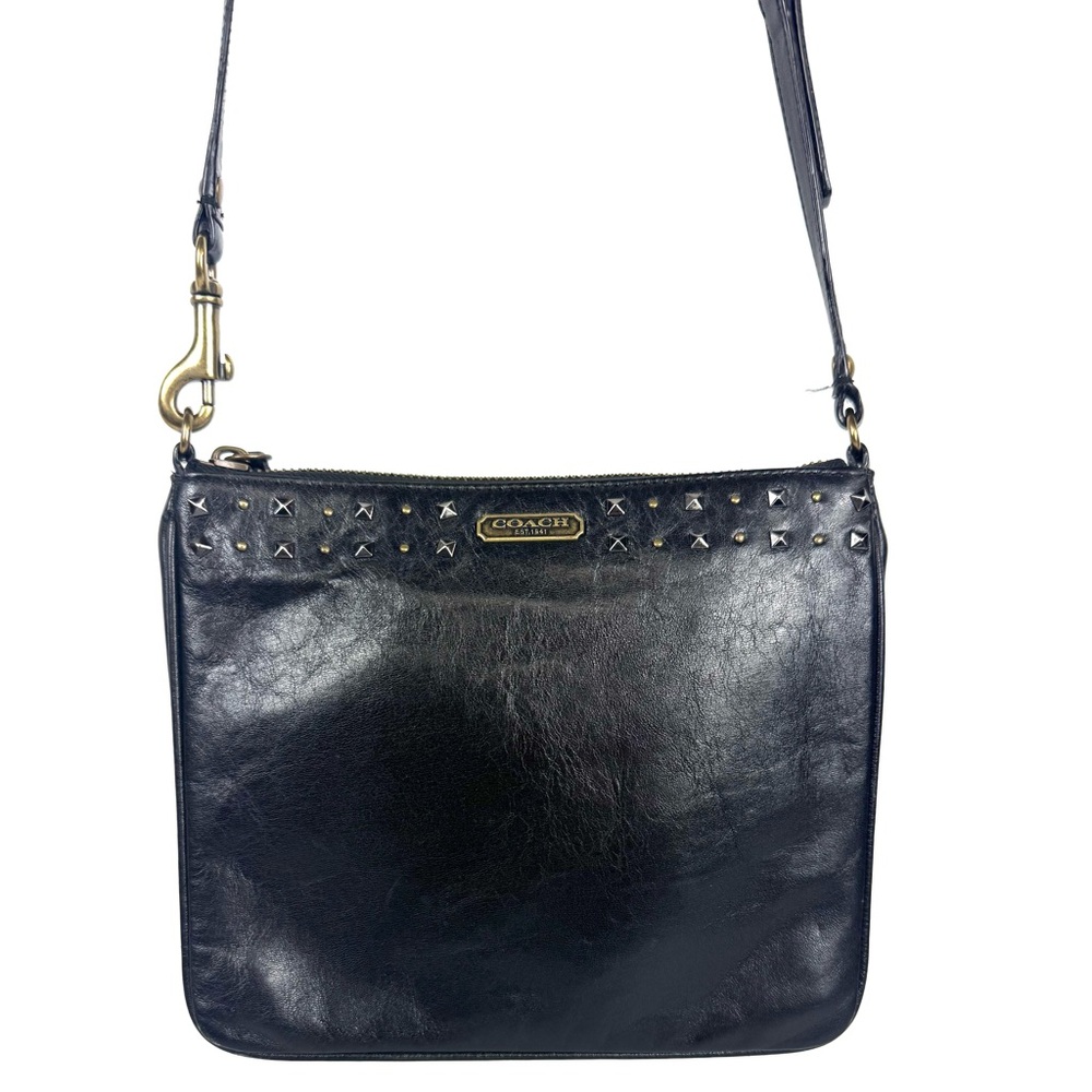 COACH black lthr crossbody shoulder bag w long strap, studs, brass hardware EUC - Picture 16 of 16
